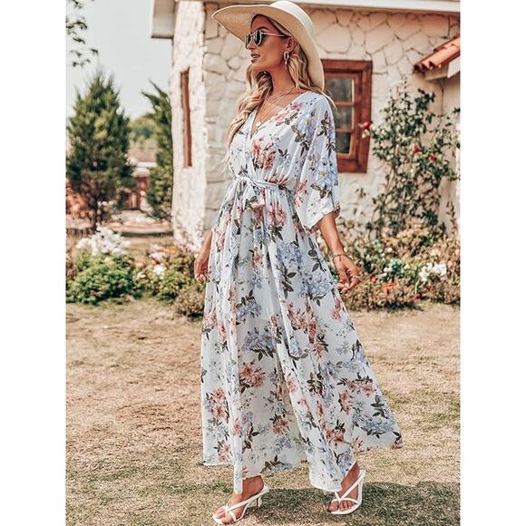NEW White Floral 3/4 sleeve Maxi Dress L - Picture 4 of 5